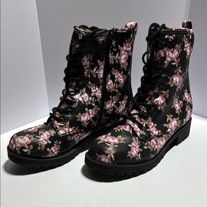Floral Lace-Up Boots - Black and Pink